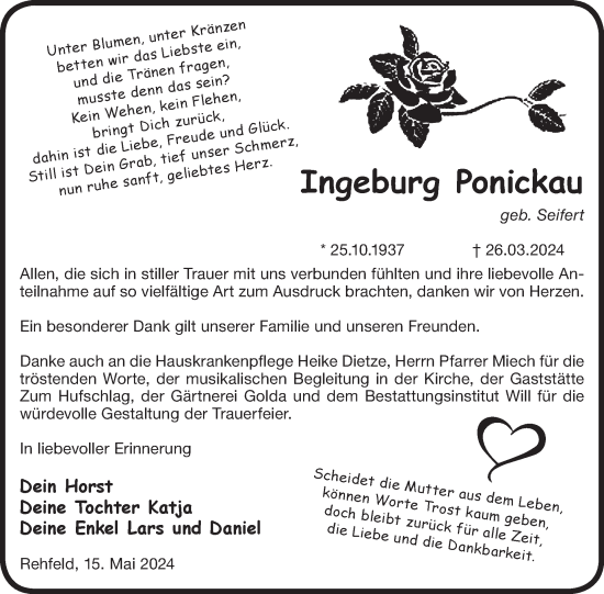 Traueranzeige von Ingeburg Ponickau von WochenKurier