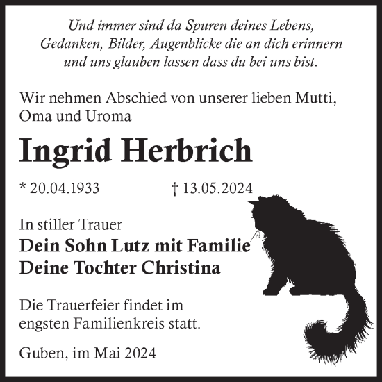 Traueranzeige von Ingrid Herbrich von WochenKurier