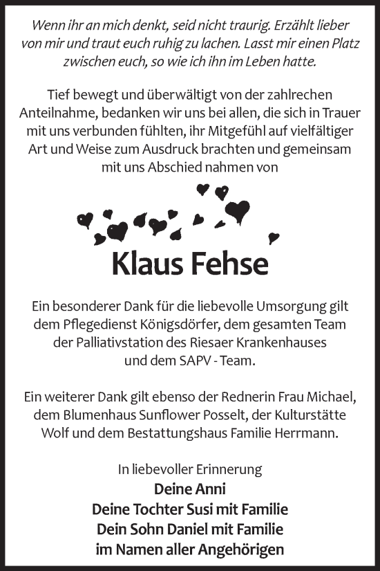 Traueranzeige von Klaus Fehse von WochenKurier