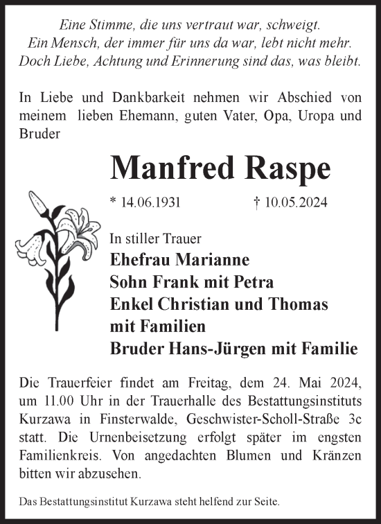 Traueranzeige von Manfred Raspe von WochenKurier