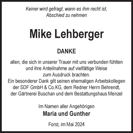 Traueranzeige von Mike Lehberger von WochenKurier