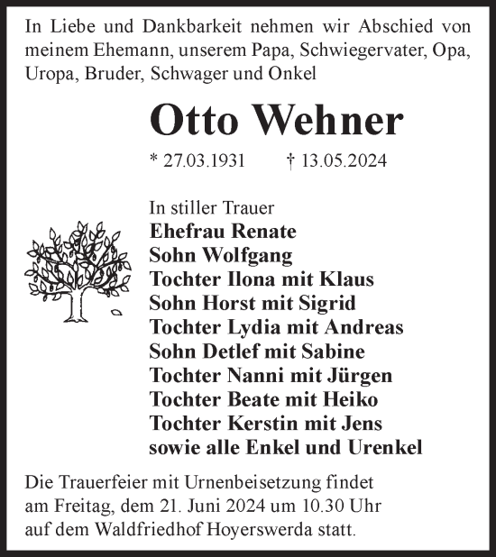 Traueranzeige von Otto Wehner von WochenKurier