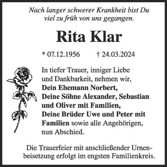 Traueranzeige von Rita Klar von WochenKurier