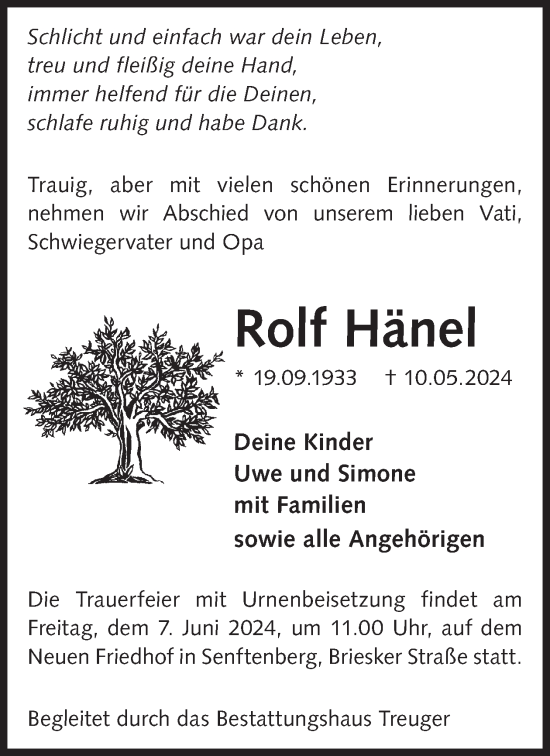 Traueranzeige von Rolf Hänel von WochenKurier