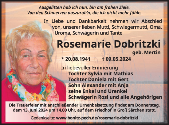 Traueranzeige von Rosemarie Dobritzki von WochenKurier