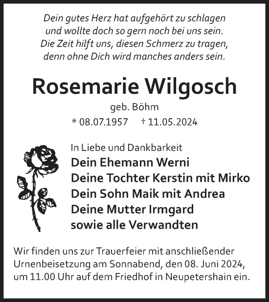 Traueranzeige von Rosemarie Wilgosch von WochenKurier