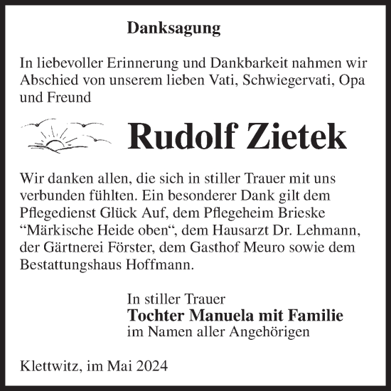 Traueranzeige von Rudolf Zietek von WochenKurier