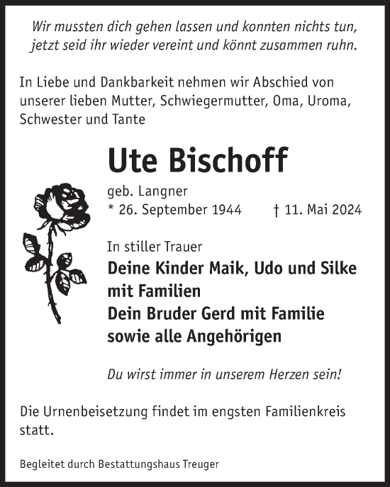 Traueranzeige von Ute Bischoff von WochenKurier