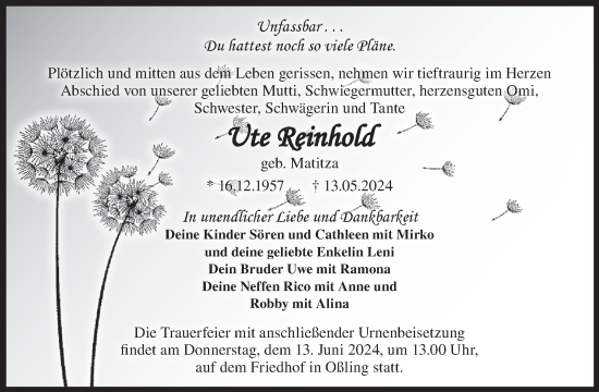 Traueranzeige von Ute Reinhold von WochenKurier