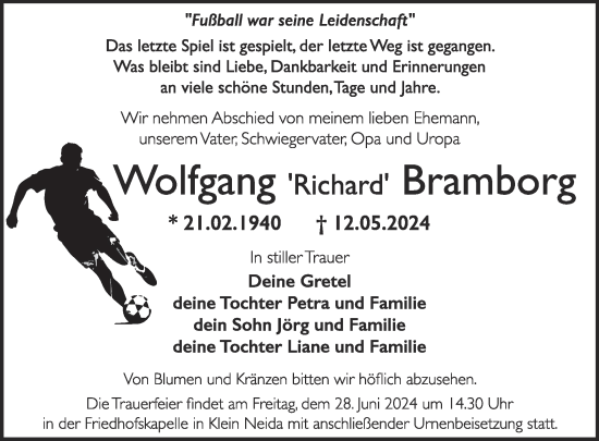 Traueranzeige von Wolfgang Bramborg von WochenKurier
