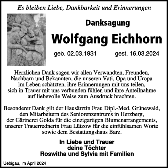 Traueranzeige von Wolfgang Eichhorn von WochenKurier