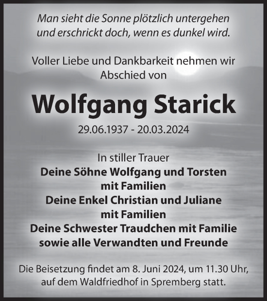 Traueranzeige von Wolfgang Starick von WochenKurier