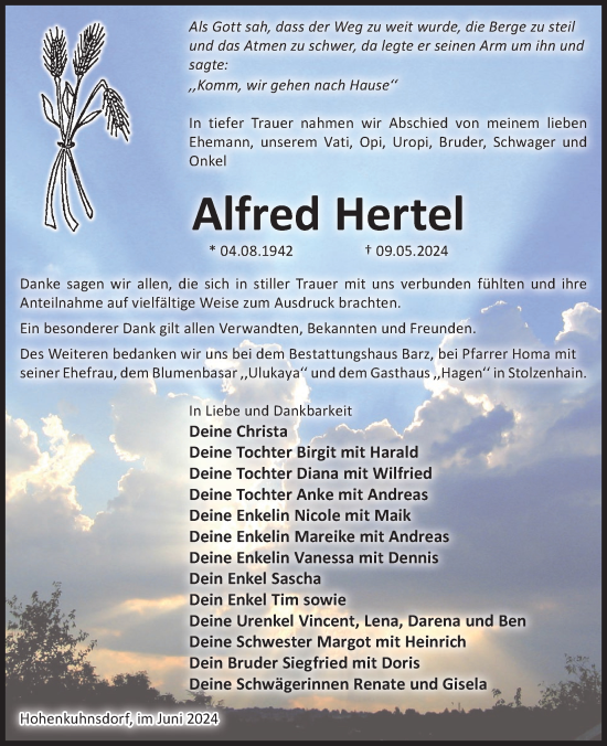 Traueranzeige von Alfred Hertel von WochenKurier