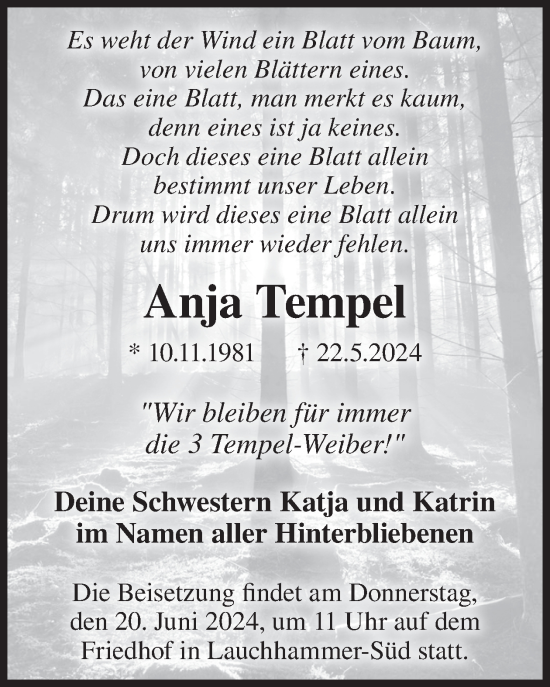 Traueranzeige von Anja Tempel von WochenKurier