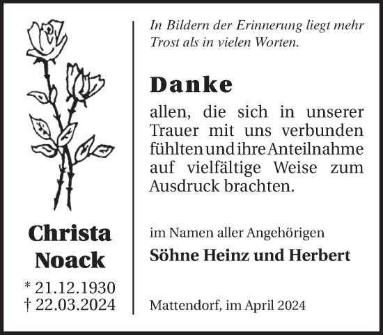 Traueranzeige von Christa Noack von WochenKurier