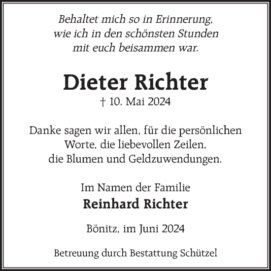 Traueranzeige von Dieter Richter von WochenKurier