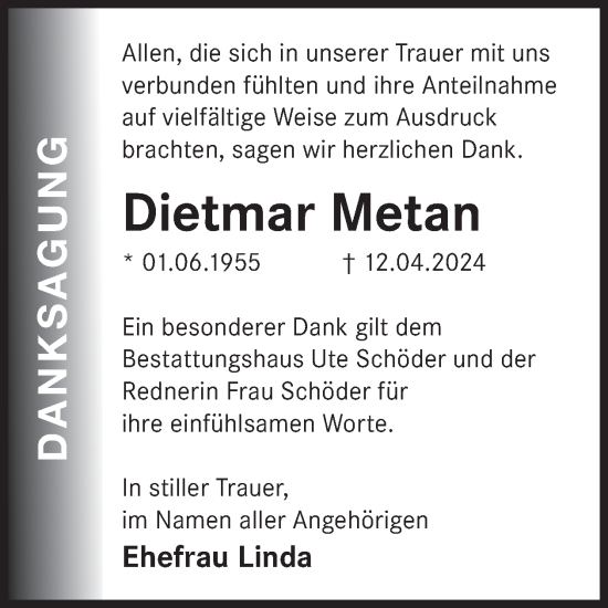 Traueranzeige von Dietmar Metan von WochenKurier