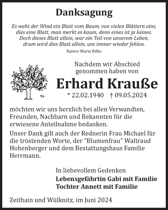 Traueranzeige von Erhard Krauße von WochenKurier