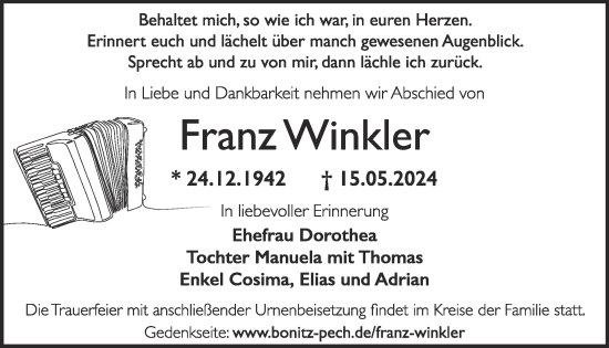 Traueranzeige von Franz Winkler von WochenKurier
