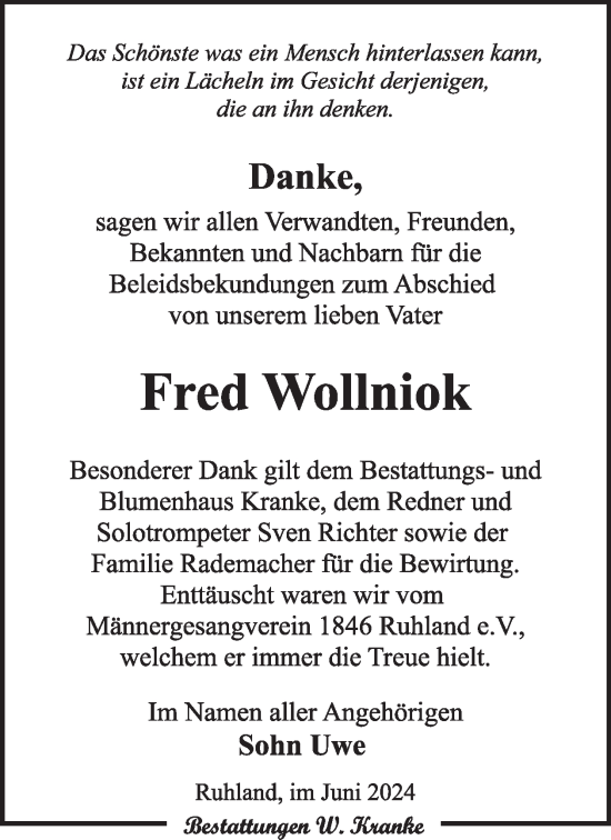 Traueranzeige von Fred Wollniok von WochenKurier