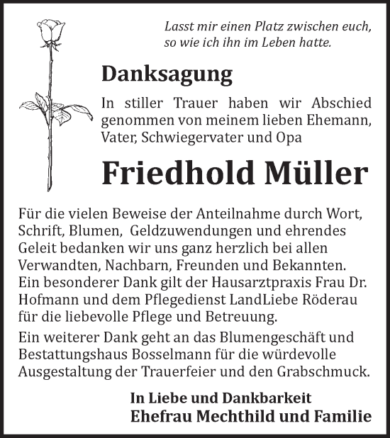 Traueranzeige von Friedhold Müller von WochenKurier