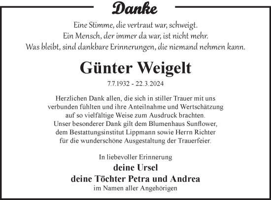 Traueranzeige von Günter Weigelt von WochenKurier