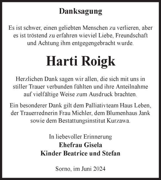 Traueranzeige von Harti Roigk von WochenKurier