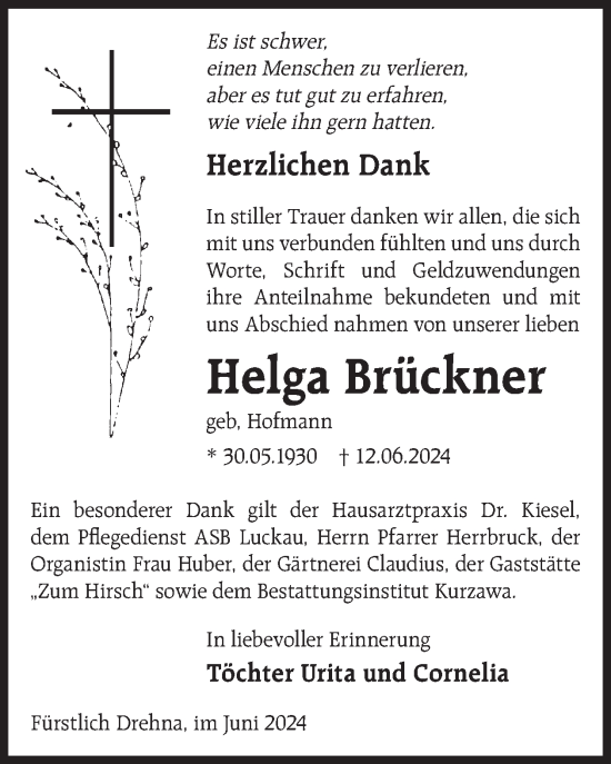 Traueranzeige von Helga Brückner von WochenKurier