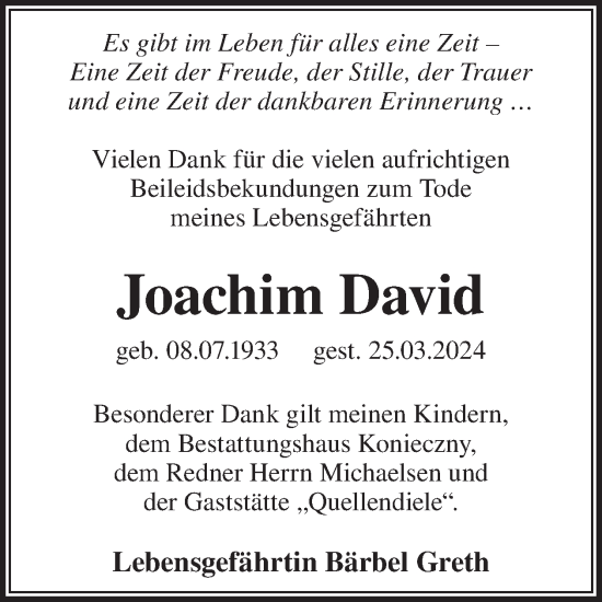 Traueranzeige von Joachim David von WochenKurier