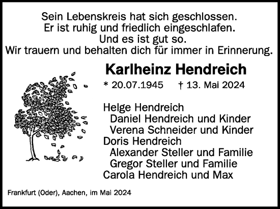 Traueranzeige von Karlheinz Hendreich von WochenKurier