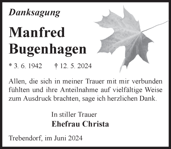 Traueranzeige von Manfred Bugenhagen von WochenKurier