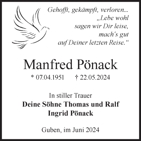 Traueranzeige von Manfred Pönack von WochenKurier