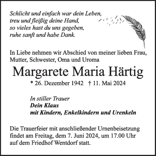 Traueranzeige von Margarete Maria Härtig von WochenKurier