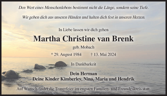 Traueranzeige von Martha Christine van Brenk von WochenKurier