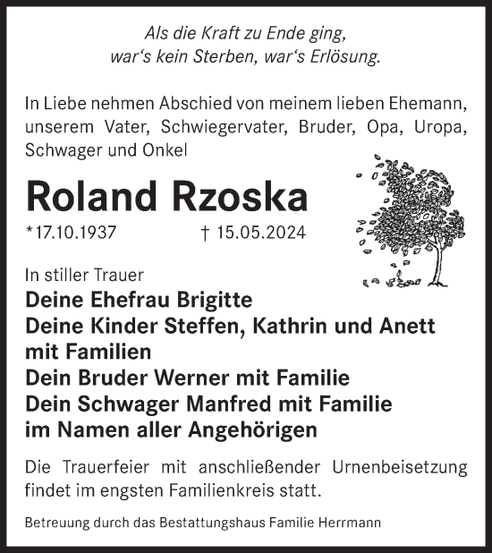 Traueranzeige von Roland Rzoska von WochenKurier