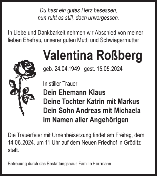 Traueranzeige von Valentina Roßberg von WochenKurier