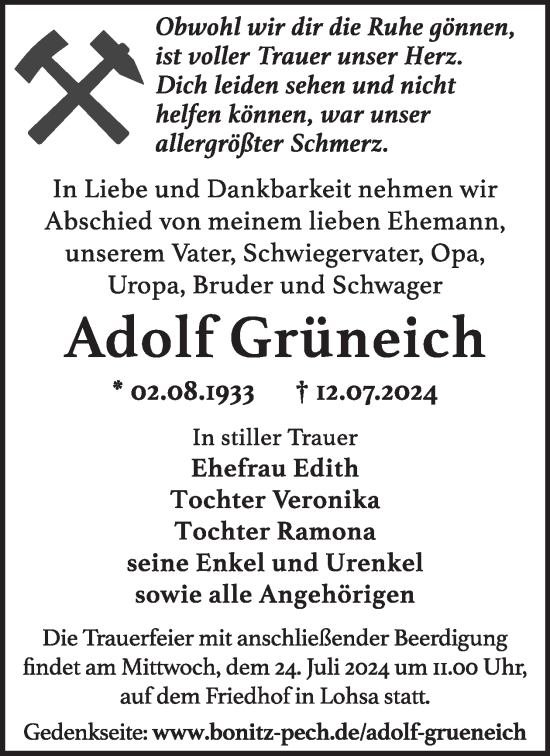 Traueranzeige von Adolf Grüneich von WochenKurier