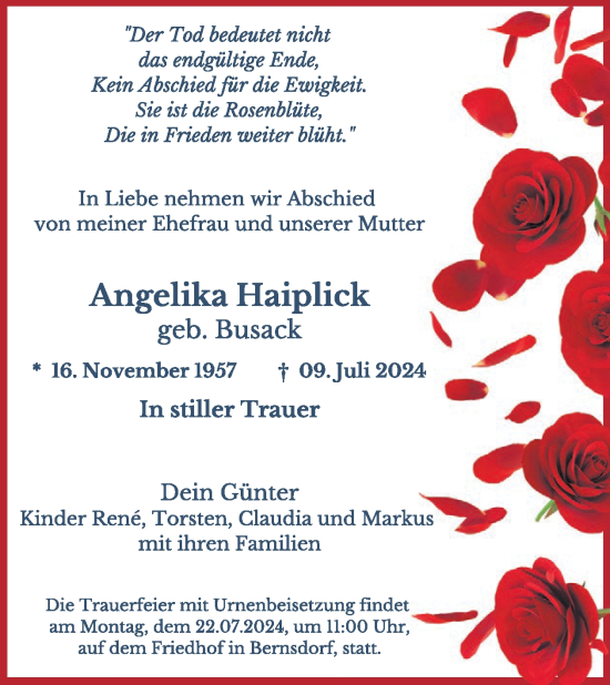 Traueranzeige von Angelika Haiplick von WochenKurier