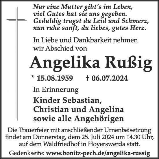 Traueranzeige von Angelika Rußig von WochenKurier
