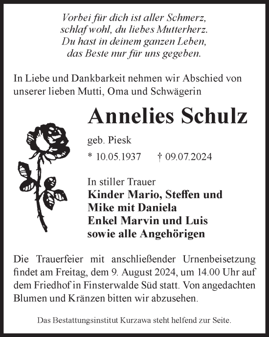 Traueranzeige von Annelies Schulz von WochenKurier