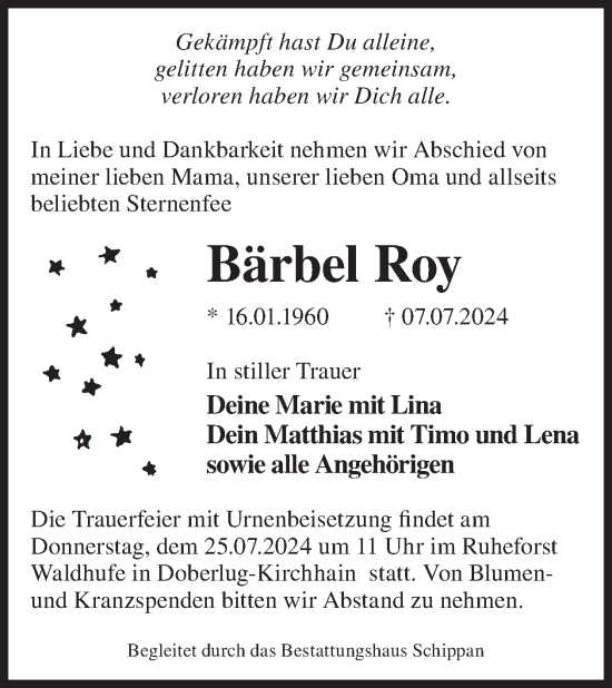 Traueranzeige von Bärbel Roy von WochenKurier