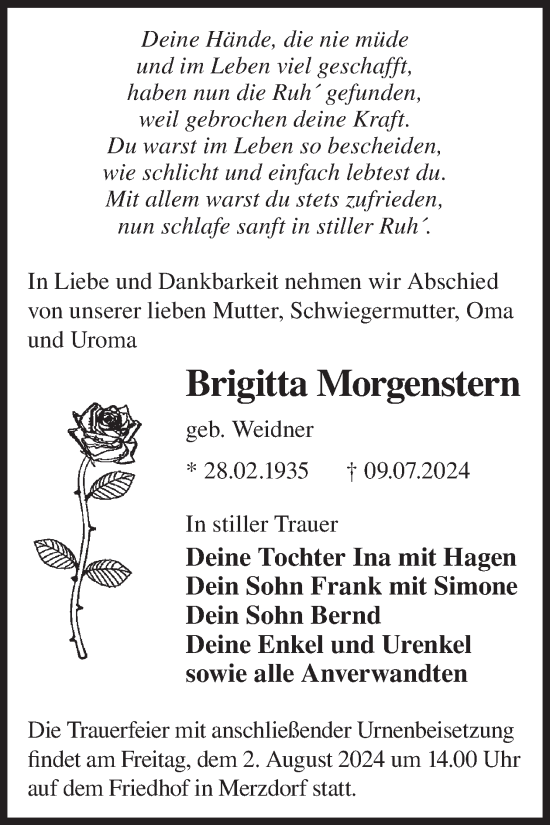 Traueranzeige von Brigitta Morgenstern von WochenKurier