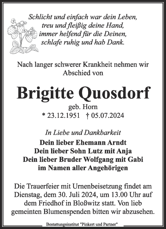 Traueranzeige von Brigitte Quosdorf von WochenKurier