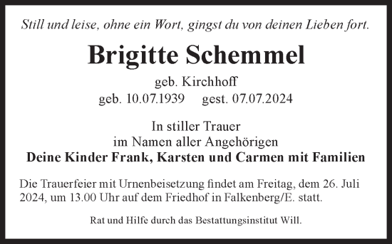 Traueranzeige von Brigitte Schemmel von WochenKurier