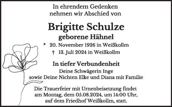 Traueranzeige von Brigitte Schulze von WochenKurier