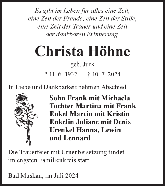 Traueranzeige von Christa Höhne von WochenKurier