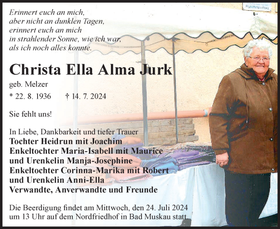 Traueranzeige von Christa Ella Alma Jurk von WochenKurier