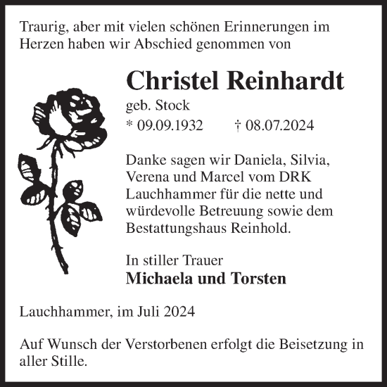 Traueranzeige von Christel Reinhardt von WochenKurier