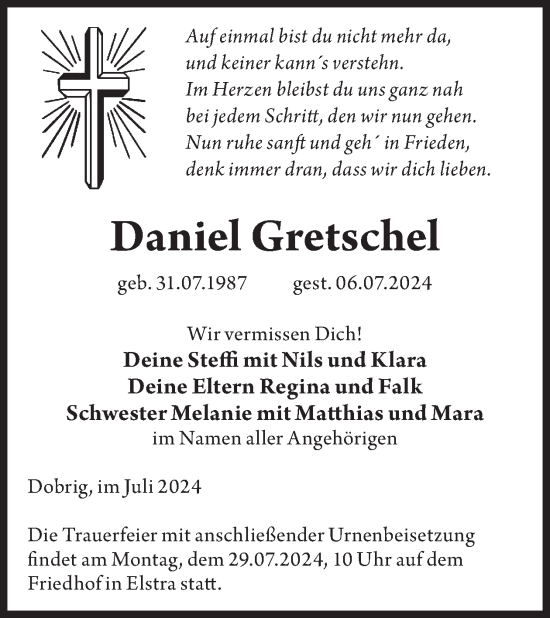Traueranzeige von Daniel Gretschel von WochenKurier
