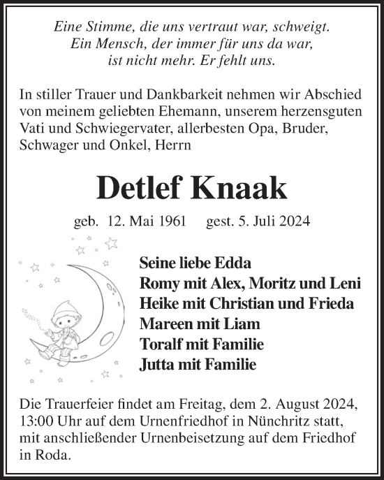 Traueranzeige von Detlef Knaak von WochenKurier